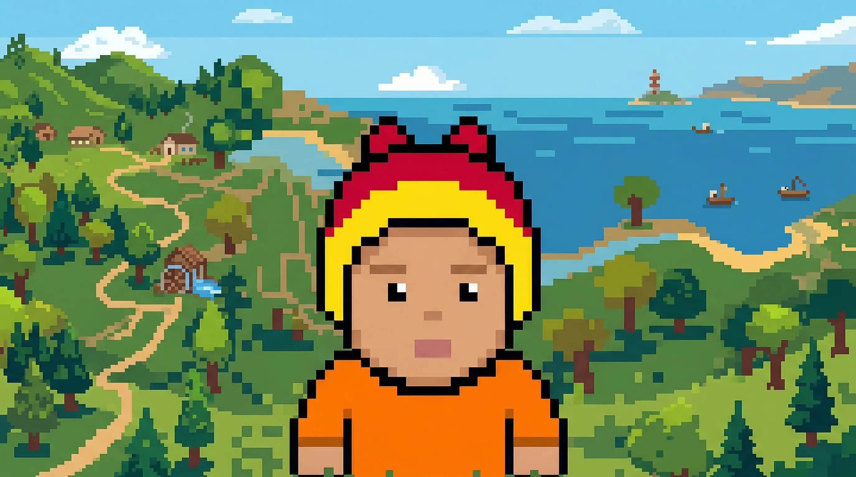pixel art character in a coastal landscape